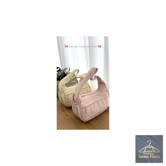 Nylon Quilted Crescent Shoulder Bag, Triple Zip Pocket, Small Puffer Bag
